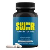 SWMR fertility supplement bottle with blue label and black cap on a white background