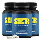 Three bottles of SWMR Fertility for Men supplements with capsules on a white background